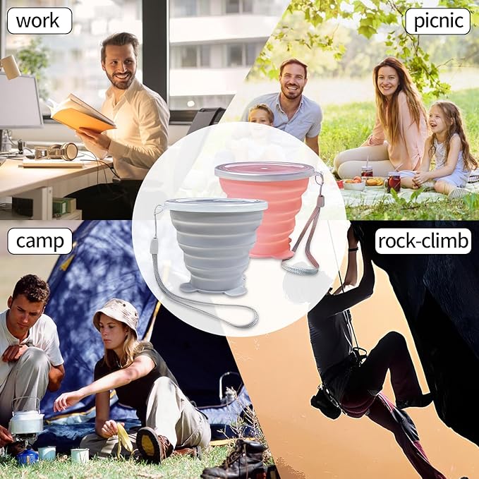 2 Pcs Collapsible Cup, Silicone Collapsible Travel Cup, Expandable Folding Camping Drinking Cup with Lids Reusable Small Portable Mugs Cup for Travel, Camping, Hiking,Outdoor Sports (Gray&Pink)