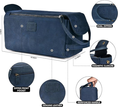 LEATHER VILLAGE Premium Leather Travel Toiletry Bag - Unisex Water-Resistant Travel Dopp Kit, Shaving & Cosmetic Organizer for Men & Women - Compact Bathroom Essentials - Royal Blue