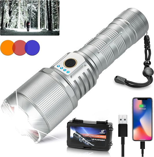 Flashlights High Lumens 900000 LED Rechargeable Tactical Flashlight Zoomable 3 Modes Fast Charging IPX6 Waterproof Super Bright Handheld Flashlights for Camping Hiking Outdoor and Gift