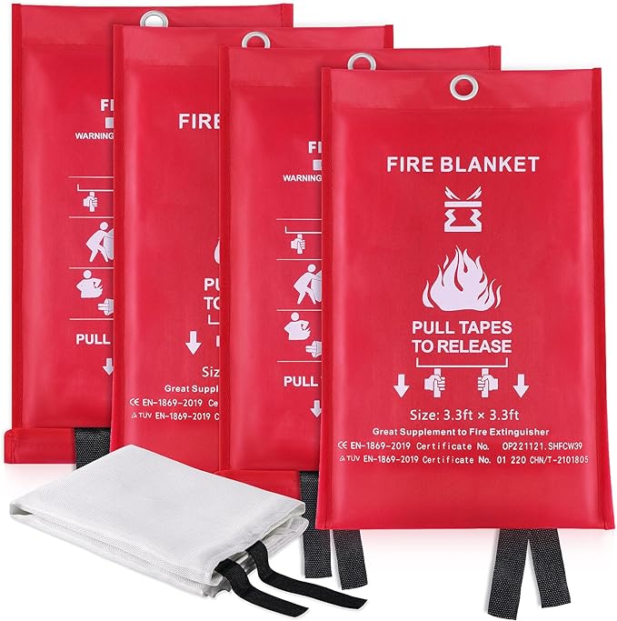 KITOSUN Fire Blanket for Kitchen Home Emergency - Fiberglass Blankets Fire Survival Suspension Flames Retardant Extinguisher Great for Stove Car Garage Office Camping Caravan BBQ Safety (4-Pack)