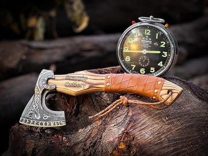 13" Custom Handmade Carbon Steel Viking Axe Real Hatchet, Norse Viking Axe, Throwing Axe, Best Gift for him, Leather Wrapped Handle and Leather Sheath (Valknut Axe)