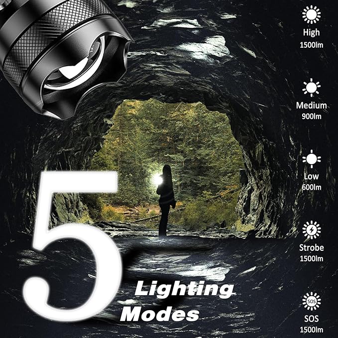 ISUNMEA Rechargeable Strong Flashlight, Zoomable LED Powerful Flashlights 1500LM High Lumens w/ 5 Modes Waterproof Handheld Flash Light for Emergencies Outdoor Camping Hiking Home Power Outage (2)