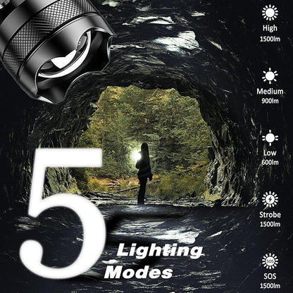 ISUNMEA Rechargeable Strong Flashlight, Zoomable LED Powerful Flashlights 1500LM High Lumens w/ 5 Modes Waterproof Handheld Flash Light for Emergencies Outdoor Camping Hiking Home Power Outage (2)