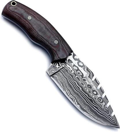 Handmade Damascus Steel Knife for Hunting,Survival,Camping,Bushcraft,and Fishing-Fixed Blade Drop Point with Saw back Full Tang Micarta Handle with Cowhide-Leather Sheath - WKD-773