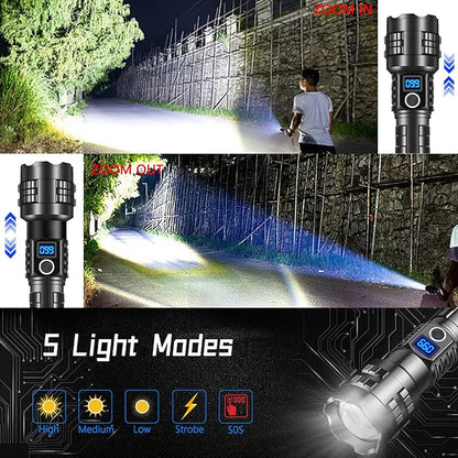 Super Bright Flashlight High Lumens Rechargeable, 100000 Lumen Xhp70.2 Powered Led Flashlights Brightest Flash Light, Powerful Handheld Tactical Flashlights for Camping, Emergency