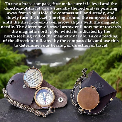 Engraved Brass Compass, Antique Nautical Vintage Directional Magnetic Compass, with Famous Scripture Quote, Baptism Gifts with Leather Case