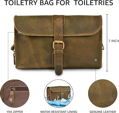 LEATHER VILLAGE Hanging Toiletry Bag for Men & Women, Handcrafted Vintage Cosmetic & Shaving Organizer Travel Dopp Kit- Mud