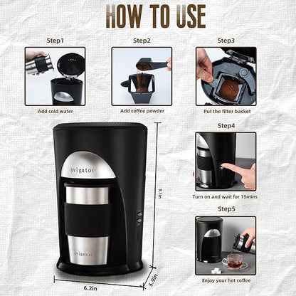 Portable Coffee Maker for Travel Camping Car, Ground Coffee Machine Single Serve with 10 oz Travel Mug for Traveling, RV, Office, Home and Dorm, 12V, Black