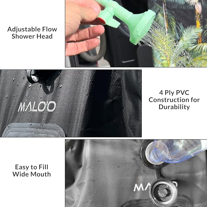 Malo'o 5 gallon/20L Portable Solar Shower Bag, Solar Heating Camping Shower Bag with Removable Hose and On-Off Switchable Shower Head for Camping Gear, Surfing, Beach, Swimming, Outdoor Travel, hiking