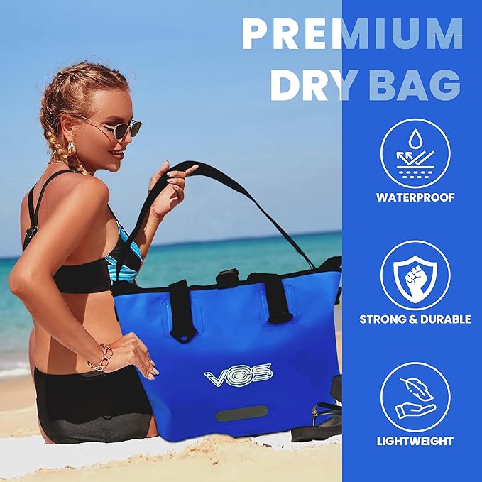 VOS Waterproof Premium Dry Bag – All-purpose Tote Bag with Zip Pocket (Blue) - Keep Your Gear & Personal Items Dry During Hiking, Camping, and Water Sports
