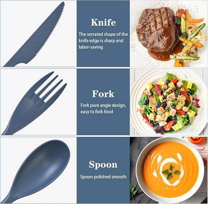 Lnrkai Large Reusable Utensil Set with Case, 4 Sets Portable Plastic Spoons Fork Knife Camping Utensils Silverware for Lunch Box Accessories for Kids Adults Travel Picnic Camping Use(Dark Color)