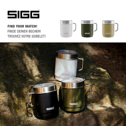 SIGG - Camping Mug with Lid - Double-Wall Insulated - Recycled Stainless Steel - Stackable - Hook Handle - Hiking, 10Oz