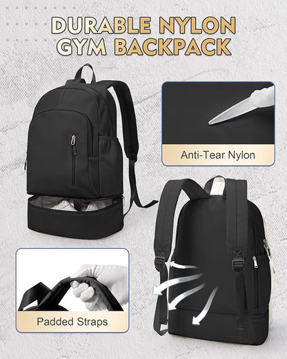 Gym Backpack for Women Men, Lightweight Gym Bag with Shoe Compartment, Waterproof Sports Backpack with Wet Pocket, Black