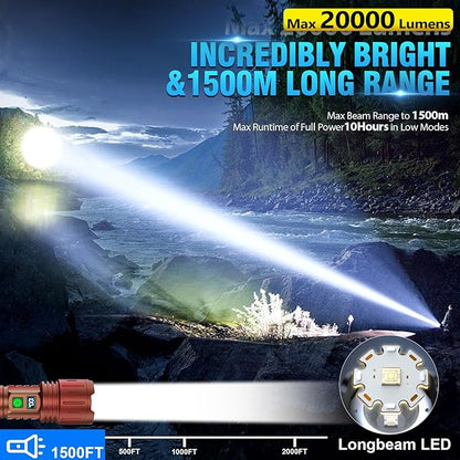 Flashlights 20000 High Lumens Rechargeable - 1500 Meters Long Beam Super Bright LED Flash Light with Power Display & IPX5 Waterproof for Camping, 20H Runtime,5 Modes,Zoomable Handheld Flashlight-Brown