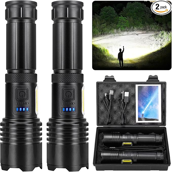 Rechargeable LED Flashlights High Lumens, 900,000 Lumens Super Bright Flashlight with 7 Modes & Waterproof, Handheld Powerful Flashlights for Camping, Emergencies, Home (2 Pack)
