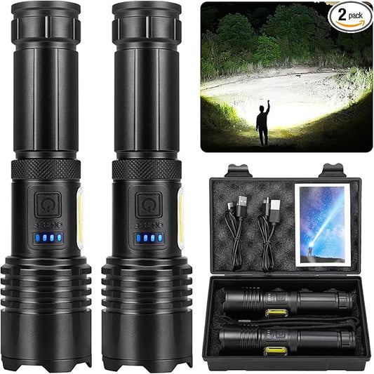 Rechargeable LED Flashlights High Lumens, 900,000 Lumens Super Bright Flashlight with 7 Modes & Waterproof, Handheld Powerful Flashlights for Camping, Emergencies, Home (2 Pack)