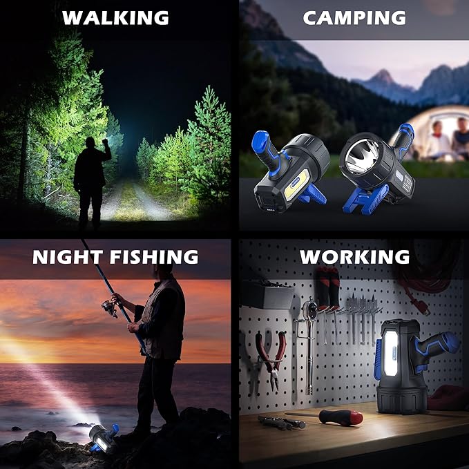 FORTO Rechargeable Spotlight Flashlight with 2000 Lumens, Handheld Spotlight with Foldable Stand, 6 Light Modes IPX7 Waterproof LED Spot Lights Outdoor for Boating Hunting Camping Hiking(Blue)
