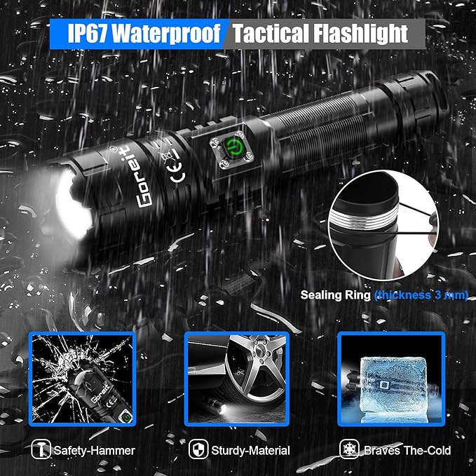 Goreit Flashlights High Lumens Rechargeable, 950000 Lumen XHP70.2 LED Flashlight USB Super Bright Flash Lights, High Powered Handheld Flashlights for Emergencies Camping, Waterproof, Adjustable Focus