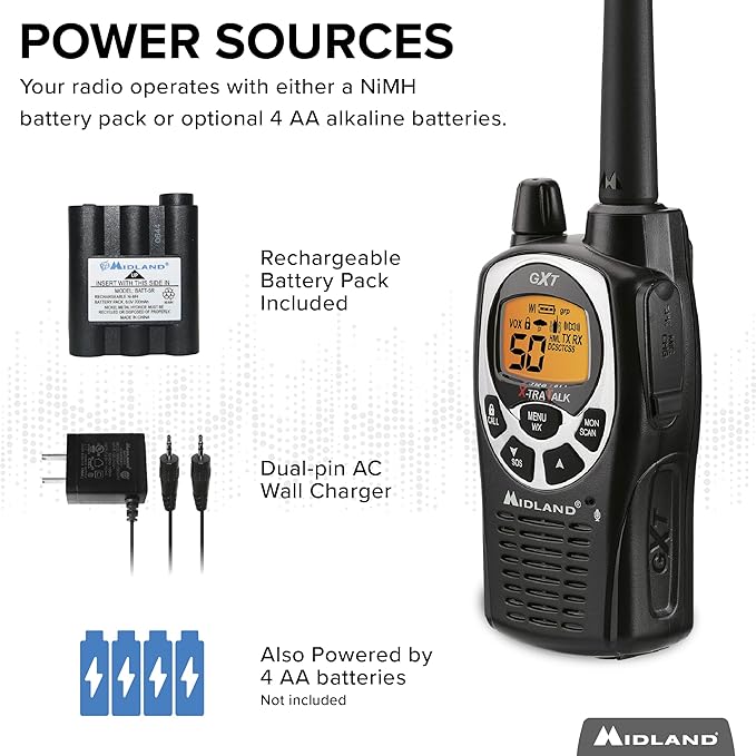 Midland® - GXT1000AZ - 50 Channel GMRS Two-Way Radio - Long Range Walkie Talkie with 142 Privacy Codes, SOS Siren, and NOAA Weather Alerts and Weather Scan (Black/Silver, Single Pack)
