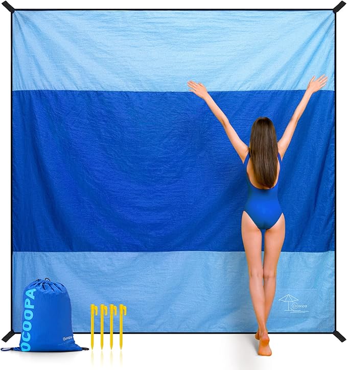 OCOOPA Extra Large Beach Blanket, Sand Free, Large Oversized Camping Mat, Comfortable Parachute Nylon, Cozy& Chic, Compact& Light, 4 Stakes&1 Travel Bag, S09