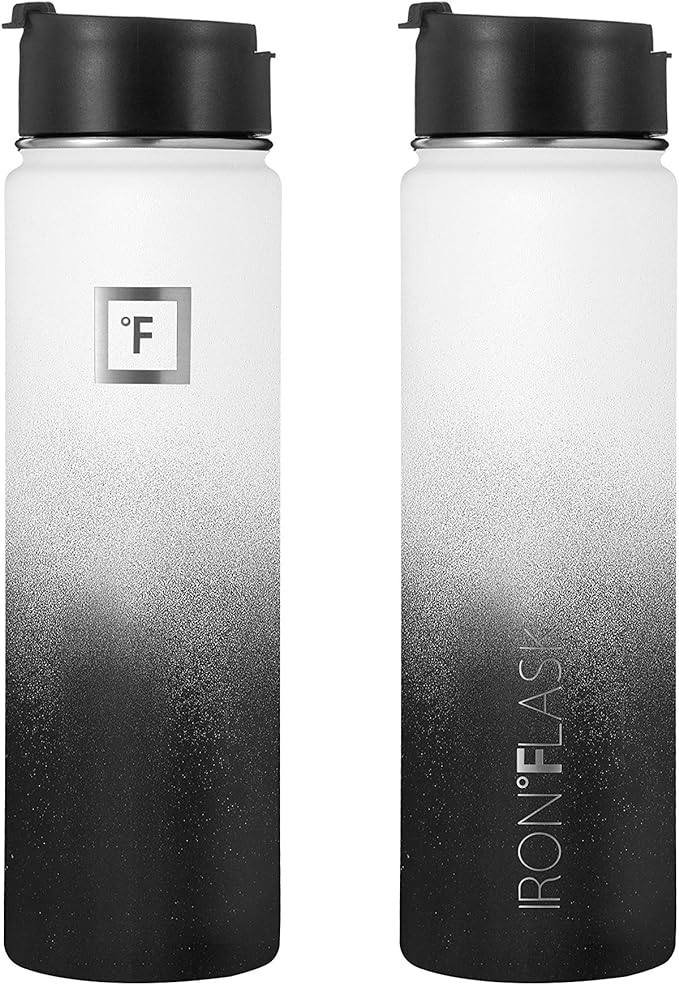 IRON °FLASK Camping & Hiking Hydration Flask, Wide Mouth, 3 Straw Lids, Stainless Steel Outdoor Water Bottle, Double Walled, Insulated Thermos, Metal Canteen - Day & Night, 22 Oz