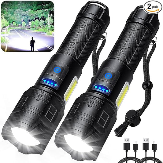 Rechargeable LED Flashlights High Lumens 2 Pack, 900000 Lumen Super Bright Flashlight with USB Cable, 7 Modes Powerful Flashlight Waterproof Flash Light for Home Emergencies Camping