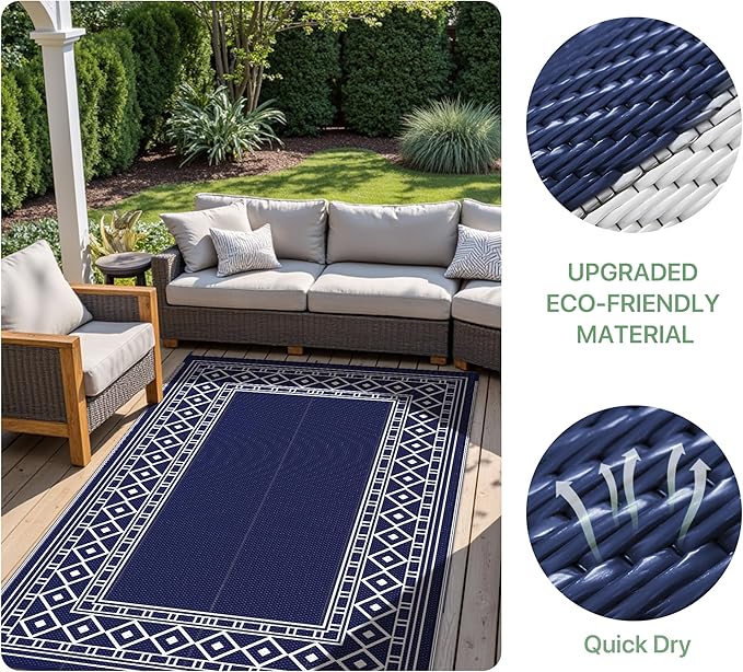 GENIMO Outdoor Rug Waterproof for Patio Decor, 6'x9' Foldable Reversible Plastic Straw Carpet for Travel Trailers, Outside Area Mat for Rv, Deck, Picnic, Porch, Camper, Balcony, Beach, Blue & White