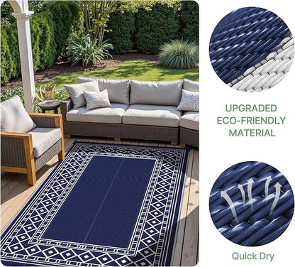 GENIMO Outdoor Rug Waterproof for Patio Decor, 8'x10' Foldable Reversible Plastic Straw Carpet for Travel Trailers, Outside Area Mat for Rv, Deck, Picnic, Porch, Camper, Balcony, Beach, Blue & White