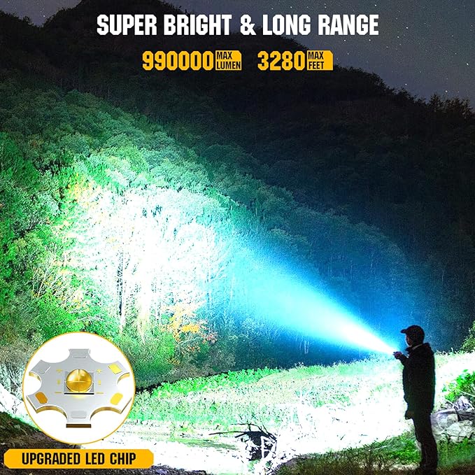 Rechargeable LED Flashlights High Lumens, 990000 Lumen Brightest Flashlight with 7 Modes & IPX7 Waterproof, High Power Handheld Flash Light for Home Camping Hiking