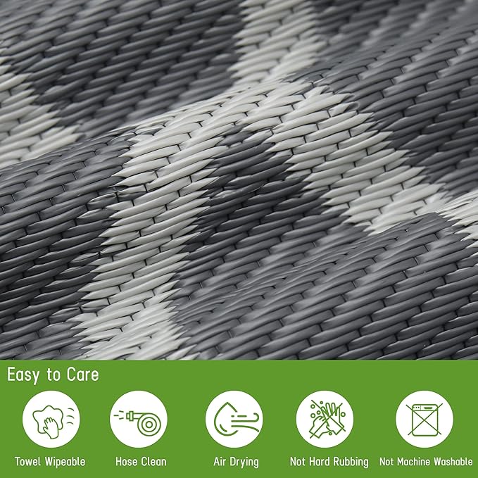 Easy-Going Reversible Outdoor Rugs 9x12ft Waterproof Plastic Straw Rug Stain & UV Resistant Floor Mat for Patio Porch RV Backyard Pool Deck Picnic Beach Trailer Camping (Moroccan Grey & Light Grey)