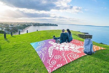 WEKAPO Beach Blanket Waterproof Sandproof Oversized Extra Large Sand Free Beach Mat with Stakes, Storage Bag - Essentials for Outdoor Beach, Picnic (Pinkish Purple Sea Turtle, 8 X 7 FT (1~4 Person))