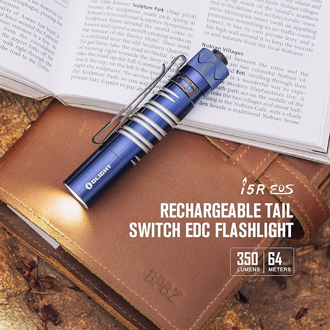 OLIGHT I5R EOS 350 Lumens Rechargeable Tail-Switch LED Flashlight Powered by USB Rechargeable Battery, Slim EDC Pocket Flashlight for Camping, Outdoor, and Emergency(Regal Blue)