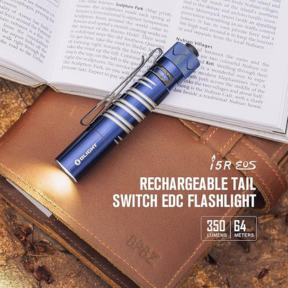OLIGHT I5R EOS 350 Lumens Rechargeable Tail-Switch LED Flashlight Powered by USB Rechargeable Battery, Slim EDC Pocket Flashlight for Camping, Outdoor, and Emergency(Regal Blue)