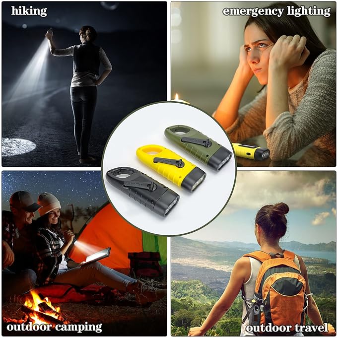 9 Pieces Hand Crank Solar Powered Flashlights, Emergency Rechargeable LED Flashlight Survival Flashlight Gear Self Powered Charging Torch for Outdoor Sports Hiking Camping, Green Yellow Black