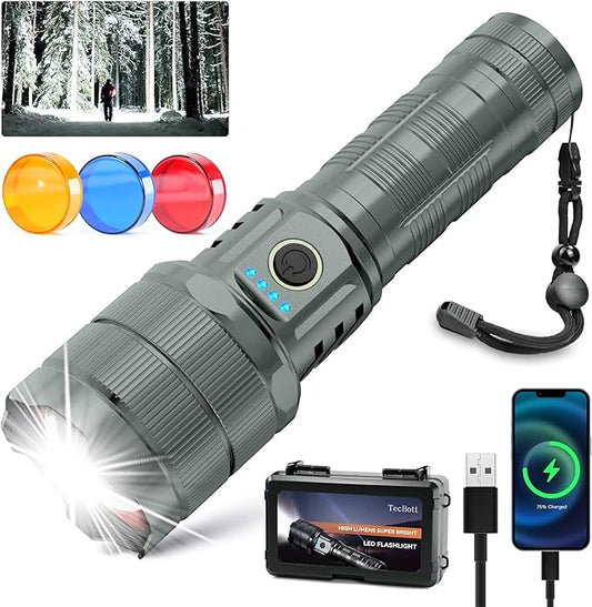 Flashlights High Lumens 900000 LED Rechargeable Tactical Flashlight Zoomable 3 Modes Fast Charging IPX6 Waterproof Super Bright Handheld Flashlights for Camping Hiking Outdoor and Gift