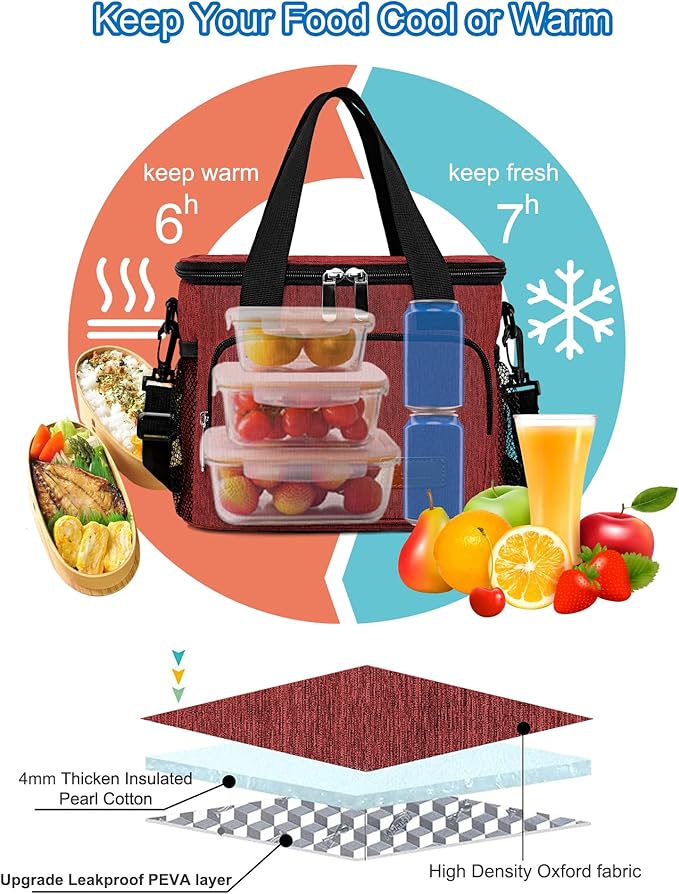 Femuar Lunch Bags for Women/Men, Insulated Lunch Bag for Work Office Picnic - Lunch Cooler Bag Leakproof Lunch Box with Adjustable Shoulder Strap - Red