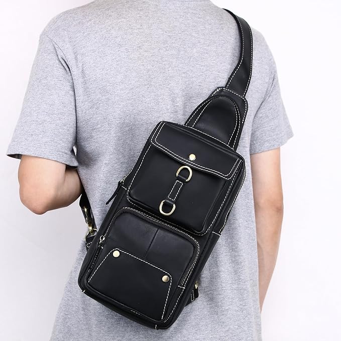 KPYWZER Sling Bag Men Women Genuine Leather Shoulder Backpack Satchel Chest Casual Daypack Crossbody Outdoor Day Pack Backpacks Black