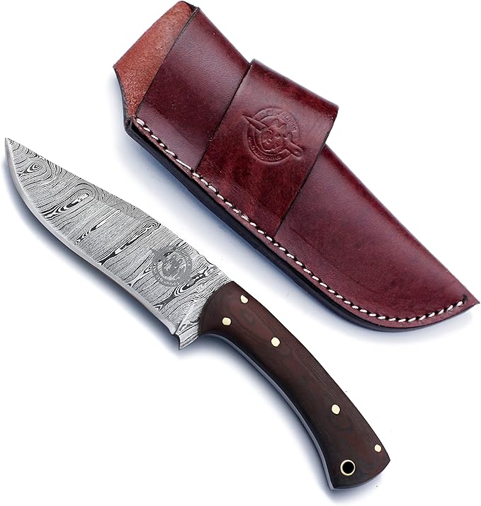 Handmade Damascus Steel Knife Bowie for Hunting, Survival,Camping,Bushcraft,Fishing,Fixed Blade with Recurve Full Tang Micarta Handle, Leather Sheath - WKD-776