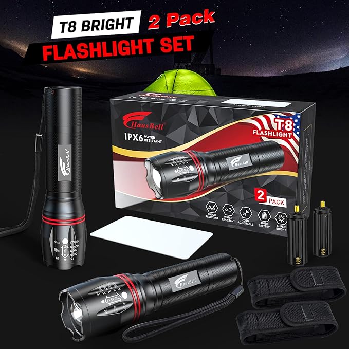 HAUSBELL T8 Upgraded LED Flashlight Bright, Zoomable Tactical LED Flashlights Flash Light with High Lumens and Five Modes and Camping Accessories, 4 Pack
