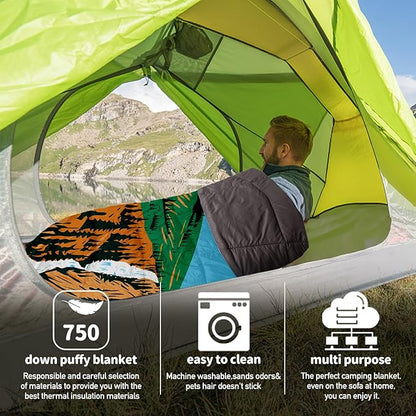 Outdoor Puffy Camping Blanket, Lightweight Down Alternative Puffy Printed Camping Large Ultra Warm Hammock Top Quilt Waterproof Blanket for Traveling Picnic Beach Party Cold Weather (Waterfall)