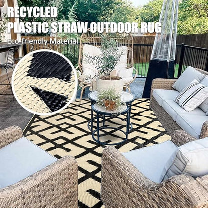 LILIOFFIC Outdoor Rugs - Reversible Mats, 9'x12' Plastic Straw Rug for Patio Clearance Waterproof, Indoor Outdoor Area Rug Carpet for Outside, RV, Deck, Picnic, Beach, Trailer, Camping, Black & Beige