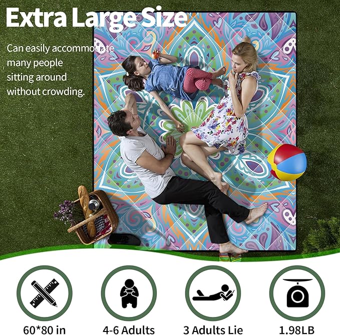Picnic Blankets Outdoor Waterproof Sand Free 60"x80" Extra Large Beach Blanket Camping Essentials Vacation Accessories for Adults Camper Gear Must Haves Stuff Gifts Supplies for Women Couple