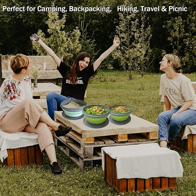 RMAMSCOV Camping Bowl, 3 PCS Food Grade Silicone Collapsible Bowl Lunch Box Salad Bowl with Lid, Expandable Food Storage Containers Set with Free folding tableware and storage bag (Green-600ml)