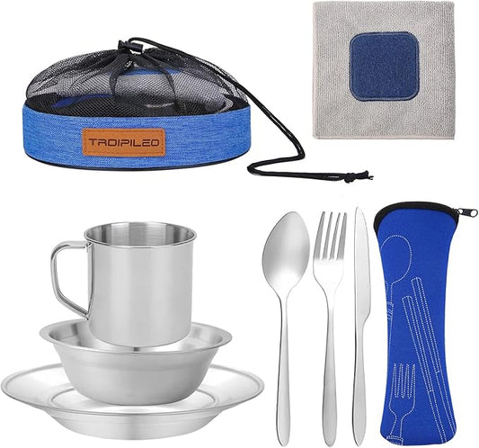 Camping Cutlery Set, 8 Piece Stainless Steel Cutlery Set Including Cutlery Spoons Mug Bowls & Plates Rags, Organizer Straps Easy to Carry for Backpacking, Camping, Hiking and Picnics