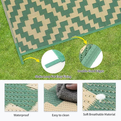 Outdoor Patio Plastic Straw Rug - 9'x12' Outdoor Camping Rug Waterproof Reversible, Area Carpet Patios Clearance RV, Outside Porch Balcony Deck for Camper, Green & Yellow