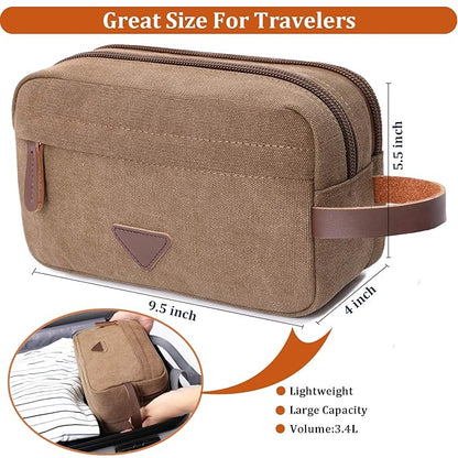 Mactso Mens Travel Toiletry Bag Canvas Leather Cosmetic Makeup Organizer Shaving Dopp Kits with Double Compartments (Coffee)