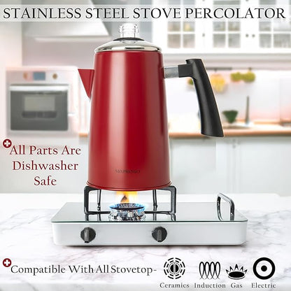 Mixpresso Red Stainless Steel Stovetop Coffee Percolator, 52 oz Classic Percolator Coffee Pot, Excellent As Camping Pot, 12 Cup Stainless Steel Camping Coffee Makers, Cool-Touch Handle.