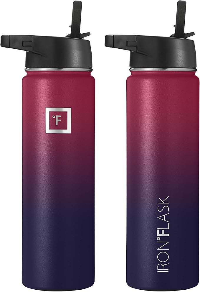 IRON °FLASK Camping & Hiking Hydration Flask, Wide Mouth, 3 Straw Lids, Stainless Steel Outdoor Water Bottle, Double Walled, Insulated Thermos, Metal Canteen - Dark Rainbow, 22 Oz