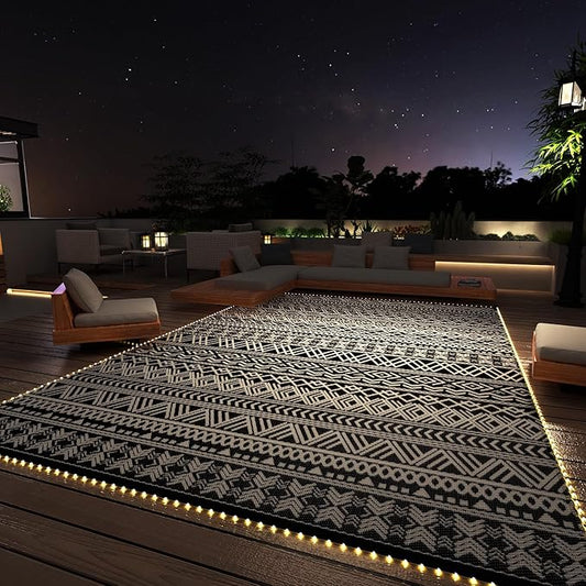 MontVoo-Outdoor Rug Carpet 9x12 ft for Patio RV Camping with Led Strip Lights Waterproof Plastic Straw Rug Reversible Portable Outside Indoor Outdoor Rug Mat for Patio Decor Balcony Picnic-Boho Rug