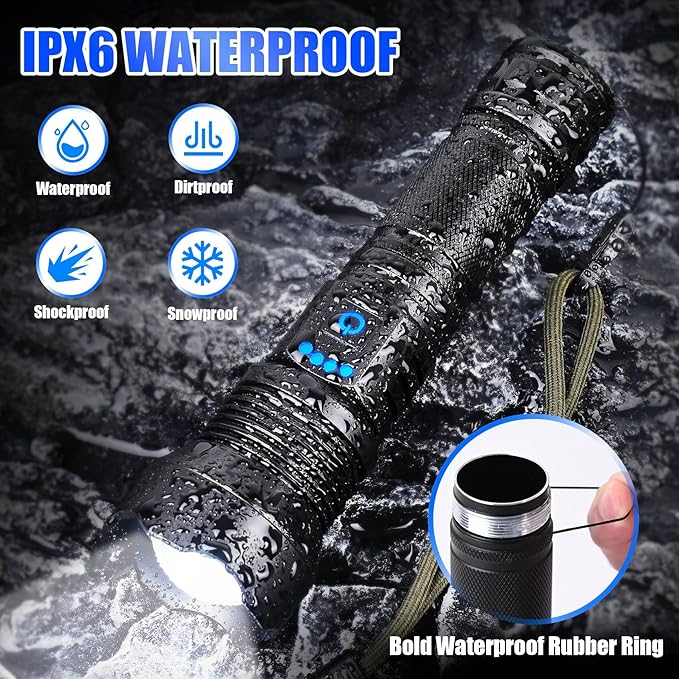 Foleto Rechargeable LED Flashlights High Lumens, 100000 Lumen Super Bright Flashlight, Powerful Tactical Handheld Flash Light, 5 Modes Zoomable Waterproof Flash Lights for Camping, Emergency